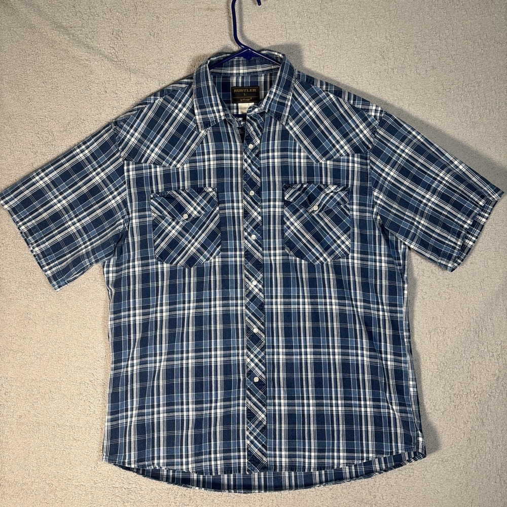 Rustler by Wrangler Mens Large Blue Plaid Short Sleeve Western Pearl Snap Shirt